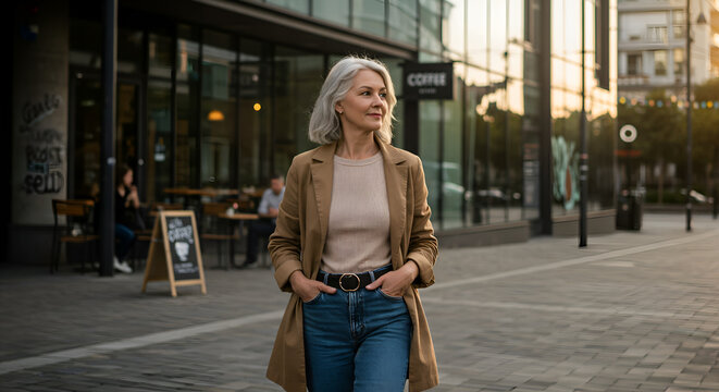 Stylish senior woman strolling through a modern city.