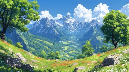 Obraz premium Verdant mountain valley landscape with trees and a bright blue sky