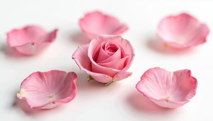 Close-up of pink rose flower head surrounded by scattered petals on white backdrop. Floral design element for Valentines day, Mothers Day, weddings, romantic themes. Natural beauty, delicate textures.
