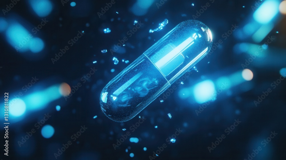 Poster Glowing capsules emit soft blue light in a dark digital environment creating an abstract medical design with a cinematic appearance
