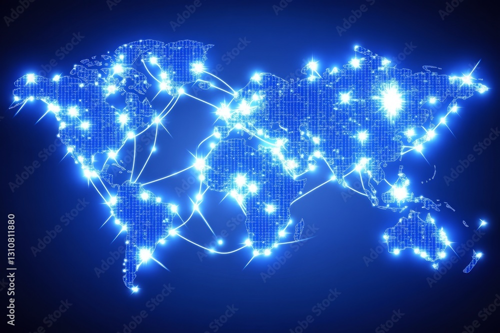 Poster a blue globe with a network of lights on it. abstract digital world with global network connections,