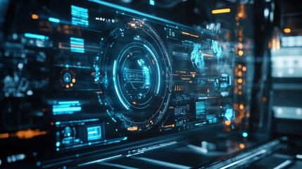 Fototapeta premium above a floating holographic interface displays critical system metrics and statuses in midair.