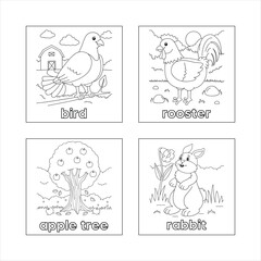 Coloring book pages, farm animals, nature
‘scenes, outlined drawings, educational
illustrations, bird, rooster, apple tree, rabbit,
bam, sun, clouds, grass, flowers, simple
designs, black and white.