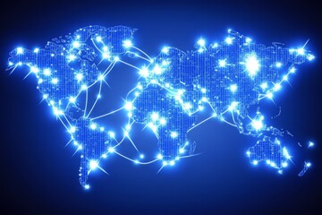 A blue globe with a network of lights on it. Abstract digital world with global network connections, background for business and technology concept.