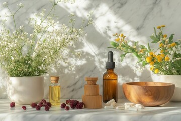 assortment of natural herbal supplements in elegant glass bottles and wooden bowls, surrounded by fresh medicinal plants, berries, and flowers on marble surface with soft natural lighting