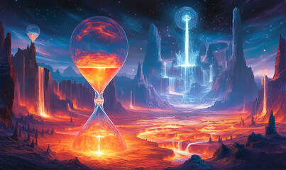 Cosmic hourglass, fiery landscape, starry night