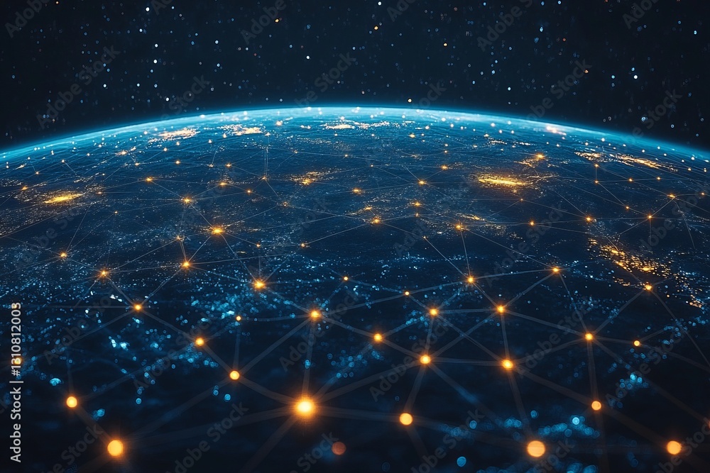 Poster a blue and orange planet with a network of lines connecting it. abstract digital world with global n