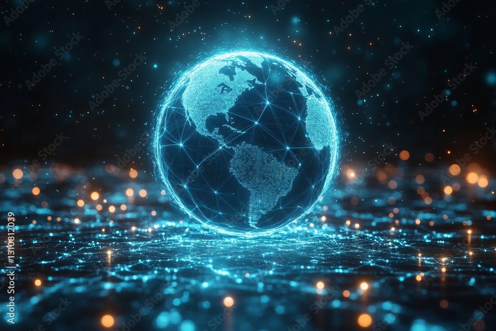 Poster a blue globe with a network of lines surrounding it. abstract digital world with global network conn