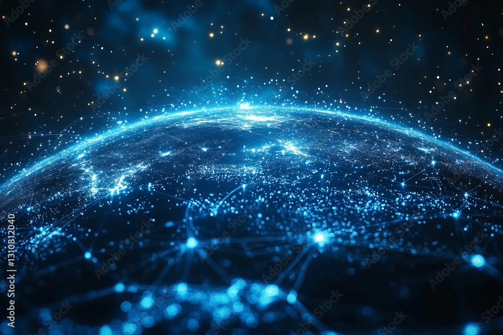 Poster a blue planet with a network of lights on it. abstract digital world with global network connections