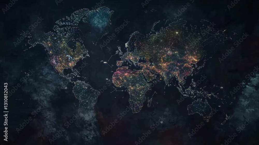 Aufkleber a map of the world with many lights on it. abstract digital world with global network connections, b