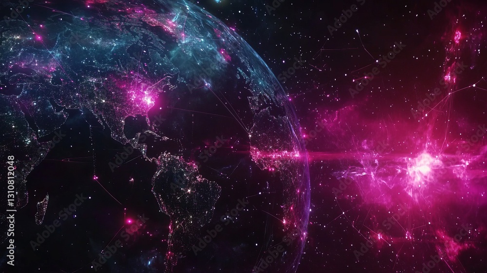 Poster a planet with a pink glow surrounding it. abstract digital world with global network connections, ba