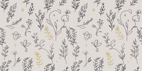 Hand drawn botanical seamless pattern. Black and gold vector illustration.