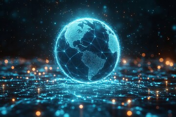 Obraz premium A blue globe with a network of lines surrounding it. Abstract digital world with global network connections, background for business and technology concept.