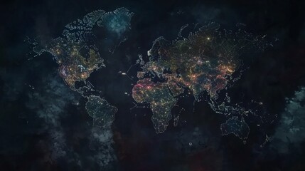 Obraz premium A map of the world with many lights on it. Abstract digital world with global network connections, background for business and technology concept.