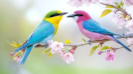 Fototapeta premium Vibrant Blue and Pink Birds Perched on Cherry Blossom Branch Spring Nature Scene