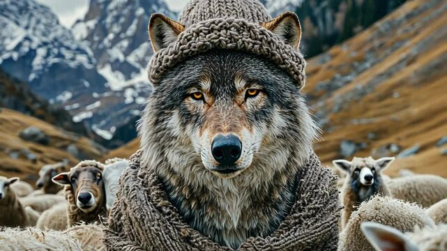 A wolf dressed in wool attire stands amidst sheep in a rugged landscape.