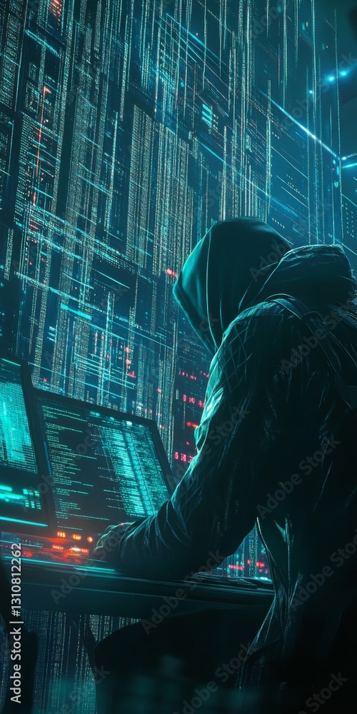 Poster hooded figure working on computer in neon digital environment surrounded by data streams