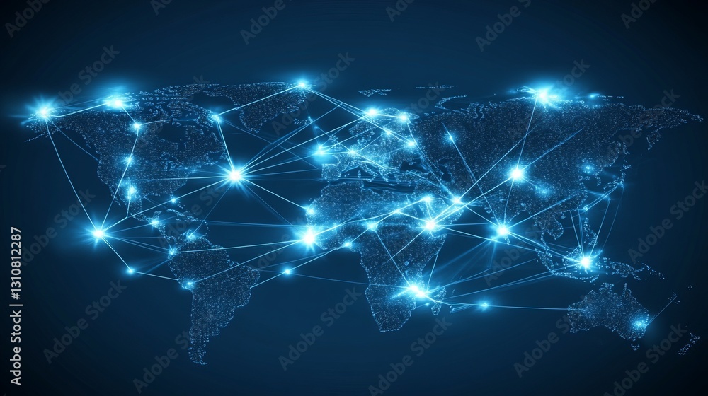 Poster a blue globe with many lines and dots on it. abstract digital world with global network connections,