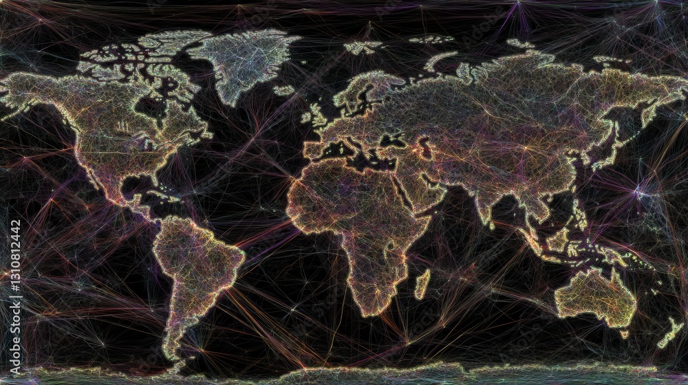 Poster a map of the world with many lines and dots. abstract digital world with global network connections,
