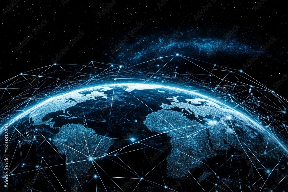 Poster a blue and white planet with a network of lines connecting it. abstract digital world with global ne