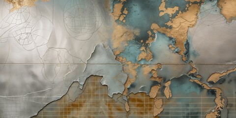 Detailed Artistic World Map Texture with Gridlines, Nautical Chart Elements on Textured Panels