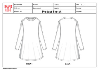 Knee length dress technical drawing fashion flat sketch vector illustration template with tech pack details