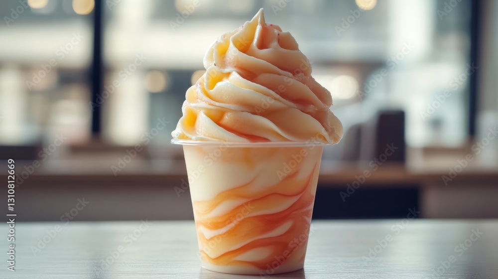 Poster swirled peach and vanilla soft cream in a plastic cup, minimal white setting