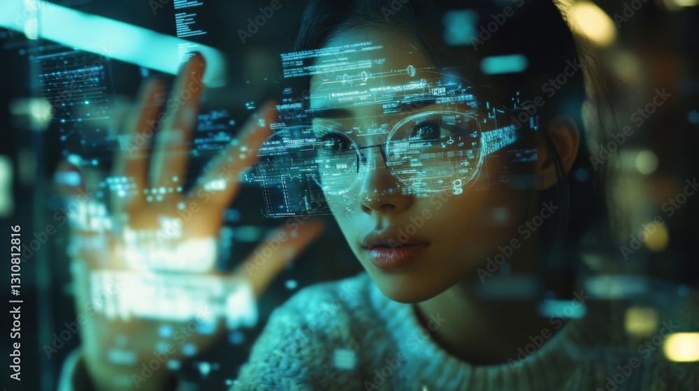 Poster young software engineer wearing glasses is analyzing holographic big data using a futuristic interfa