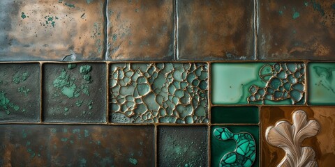 Patina Tiles: A decorative arrangement of weathered copper and verdigris tiles with artistic detail.
