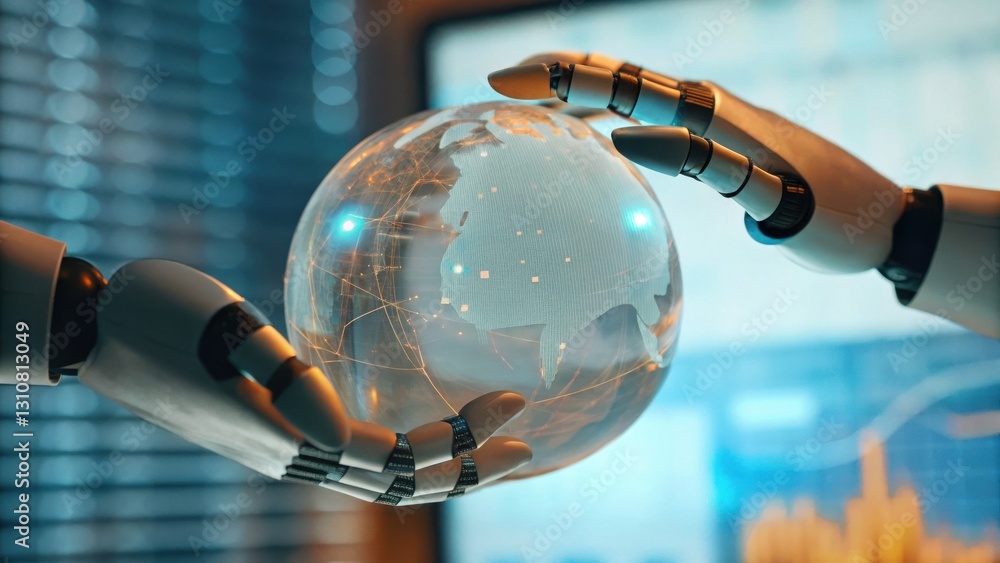 Poster a robotic hand delicately holds a transparent globe, symbolizing technology's connection to the worl