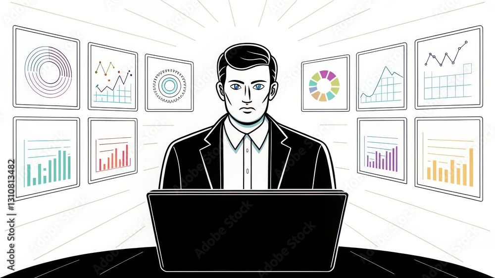 Poster a businessman analyzes data on a laptop surrounded by various graphs and charts, showcasing a focus 