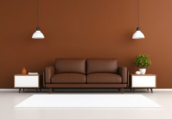 Beige sofa in a cozy living room interior with a floor lamp, white coffee table