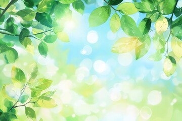 blurred bokeh background of fresh green spring, summer foliage of tree leaves with blue sky and sun flare