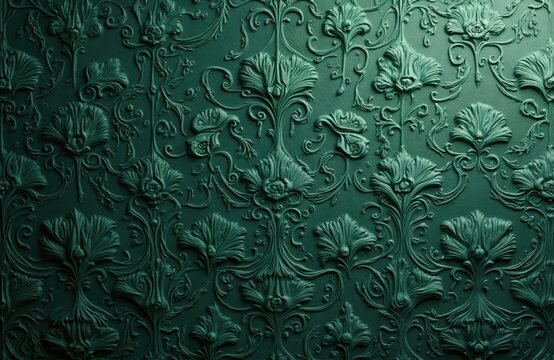 Fototapeta Elegant green floral pattern background with vintage ornaments. Dark rich luxury graphic art deco wallpaper texture. Ornamental flourish scroll swirl leaf branch nature botanical organic retro
