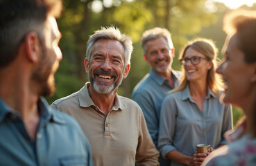 Group of smiling people in casual wear socialize outdoors at summer day. Bearded man in foreground laughs brightly. Diverse middle aged adults gather for party, enjoy conversation, celebrate