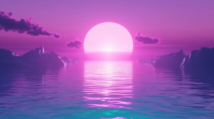 Serene Pink Sunset over Calm Ocean and Mountains