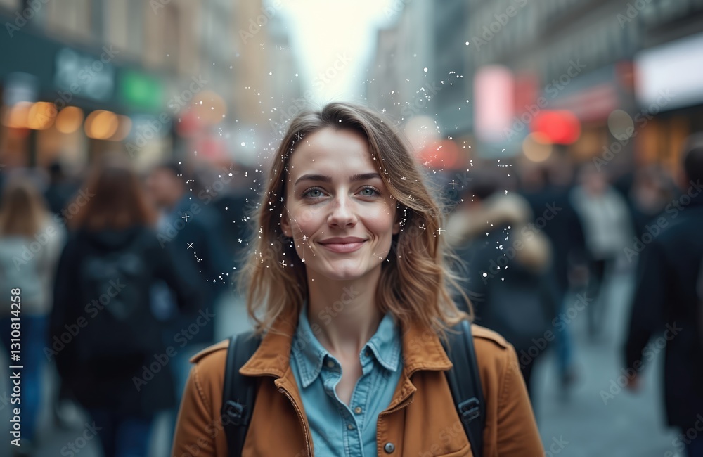 Fototapete Facial recognition tech identifies woman face in crowd using ai biometric scan. Digital identification, verification system. Protection of personal data, access to private info, cyber safety in