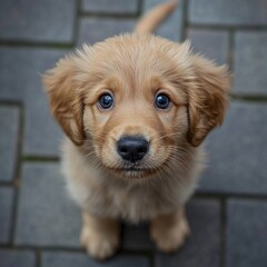 Adorable Golden Retriever Puppy Looking Up with Innocent Eyes on Gray Pavement - Close-Up Pet Portrait