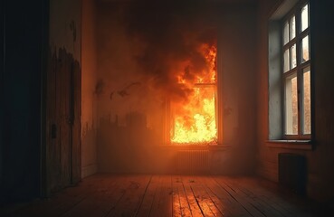 House on fire, flames engulf window. Burned building interior with smoke. Disaster, destruction from arson concept. Insurance claim after house fire damage, renovation after fire hazard.