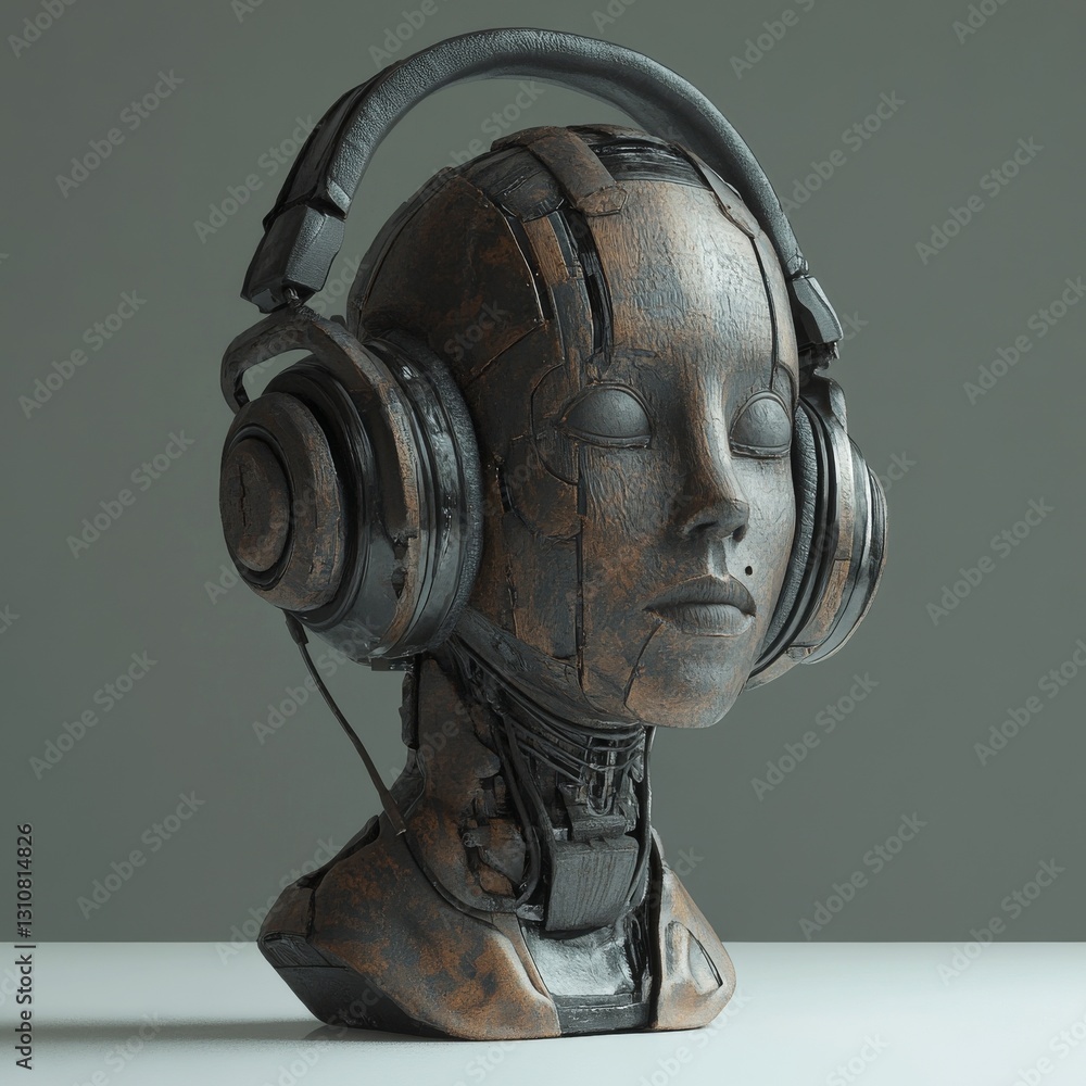 Poster cyborg serenity: rustic android listening to music with headphones on a clean surface