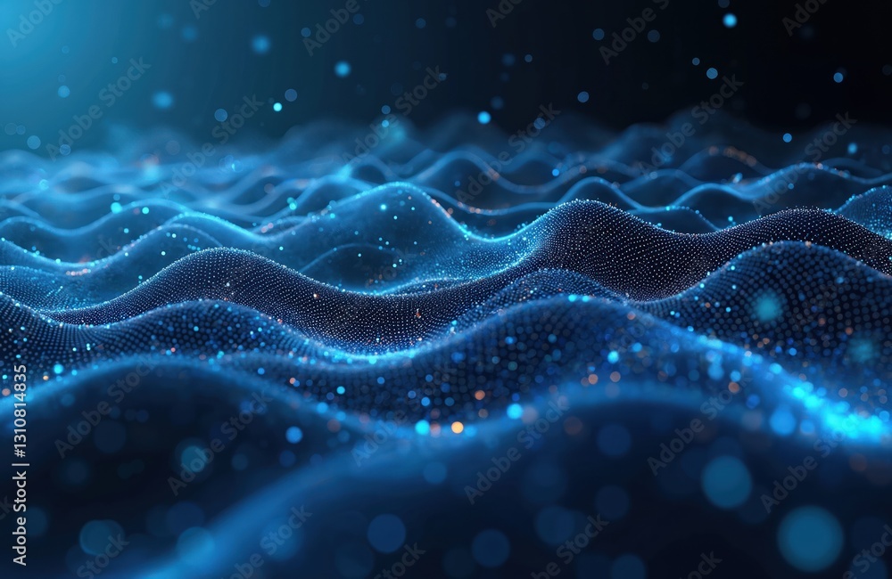 Poster abstract tech background with blue glowing particles flowing. network connection and data flow conce