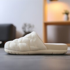 Cozy Comfort: A Soft, Cream-Colored Furry Slipper with Quilted Detailing on a Polished Floor in a Well-Lit Room