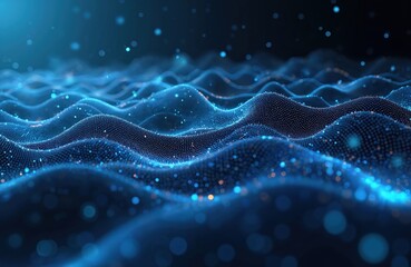 Abstract tech background with blue glowing particles flowing. Network connection and data flow concept. Futuristic design with dynamic wave effect for digital projects, presentations.