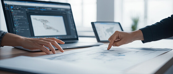 Collaborative design process in a modern workspace with digital tools and sketches