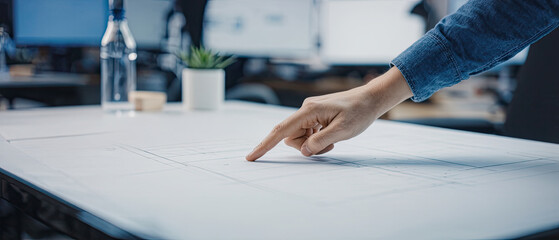 Person pointing at design plans on a desk during a collaborative work session in a modern office space