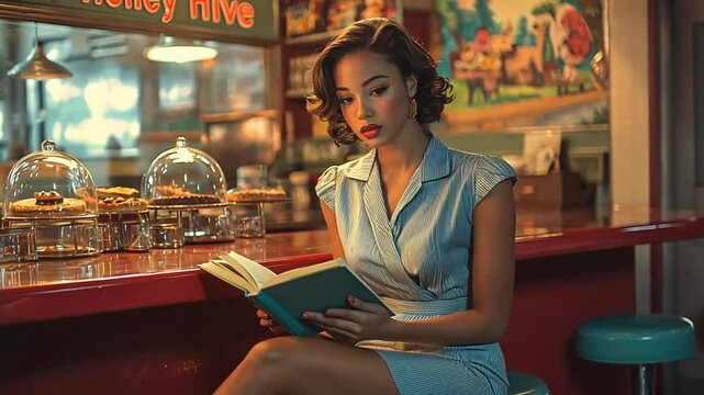 Woman reading book in vintage diner, interior shot, possible stock image use
