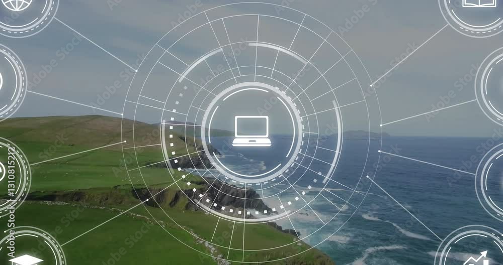 Poster animation of digital interface with computer icon overlaying coastal ocean waves
