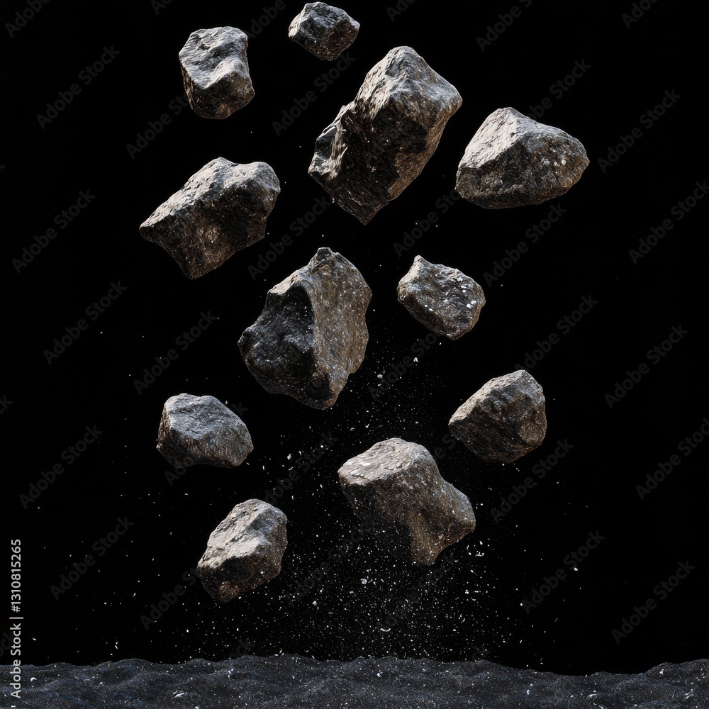 Poster Falling Rocks: A Dynamic Display of Gravity and Geology on a Stark Black Background, Showcasing Texture and Motion