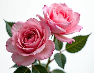 Fototapeta premium Close-up photo of two blooming pink damascena roses with leaves on white background in studio light. Valentine gift or present for romantic spa relaxation therapy.