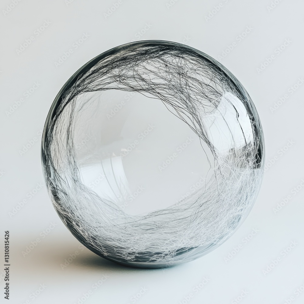 Poster glass sphere encapsulating delicate threads: a study in transparency, texture, and light on a clean 